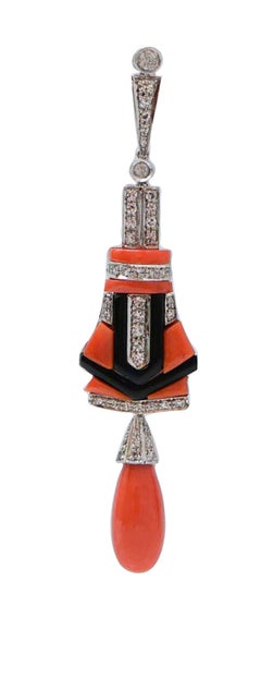 Coral, Black Agate, Diamonds, Platinum Earrings.