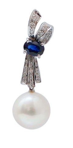 12, 5 Mm Pearls, Sapphires, Diamonds, White Gold Earrings.