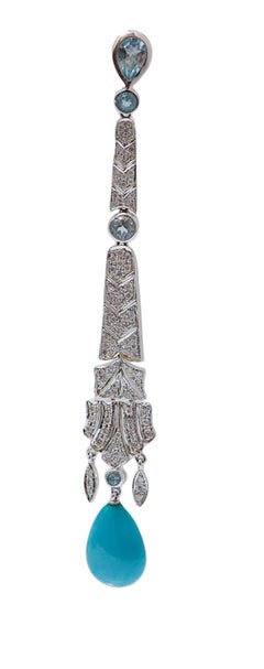 Aquamarine Colour Topazs, Turquoise, Diamonds, Platinum Dangle Earrings.
