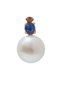 11 Mm Pearls, Sapphires, Diamonds, 14 Karat Rose Gold Earrings.