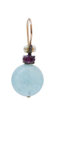 Aquamarine, Amethysts, Diamonds, Pearls, Rose Gold and Silver Earrings.