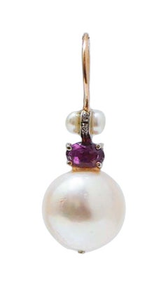 12, 5 Mm Pearls, Amethysts, Diamonds, Rose Gold and Silver Earrings.