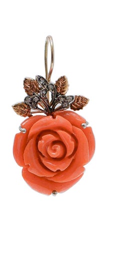 Coral, Diamonds, Rose Gold and Silver Earrings.