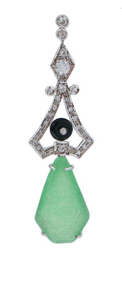 Jade, Onyx, Diamonds, White Gold Earrings.