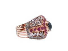 Rubies, Sapphires, Diamonds, Rose Gold and Silver Ring.