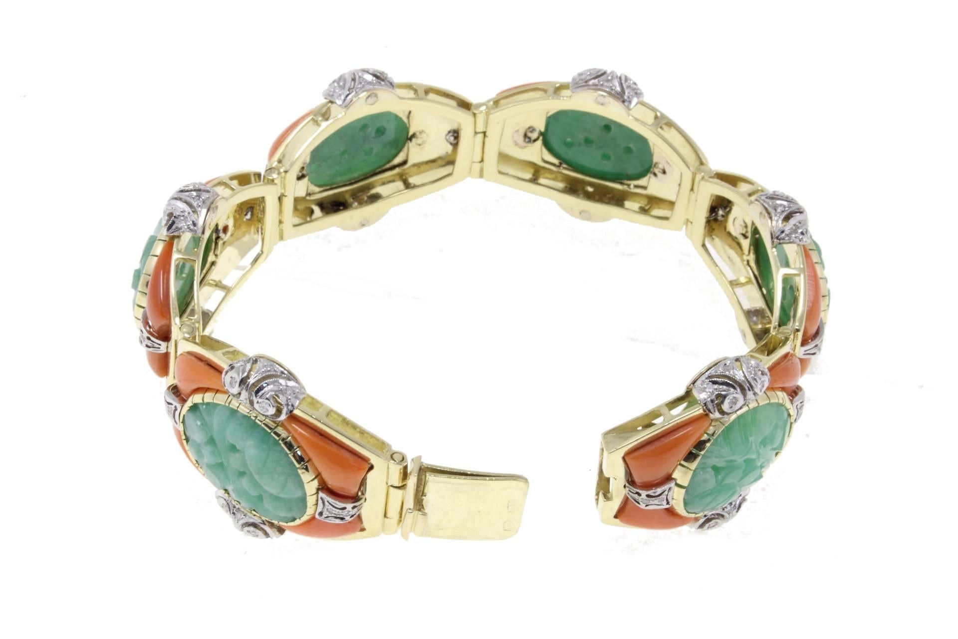 Retro Luise Gold Coral Jade Diamond Clamper Bracelet