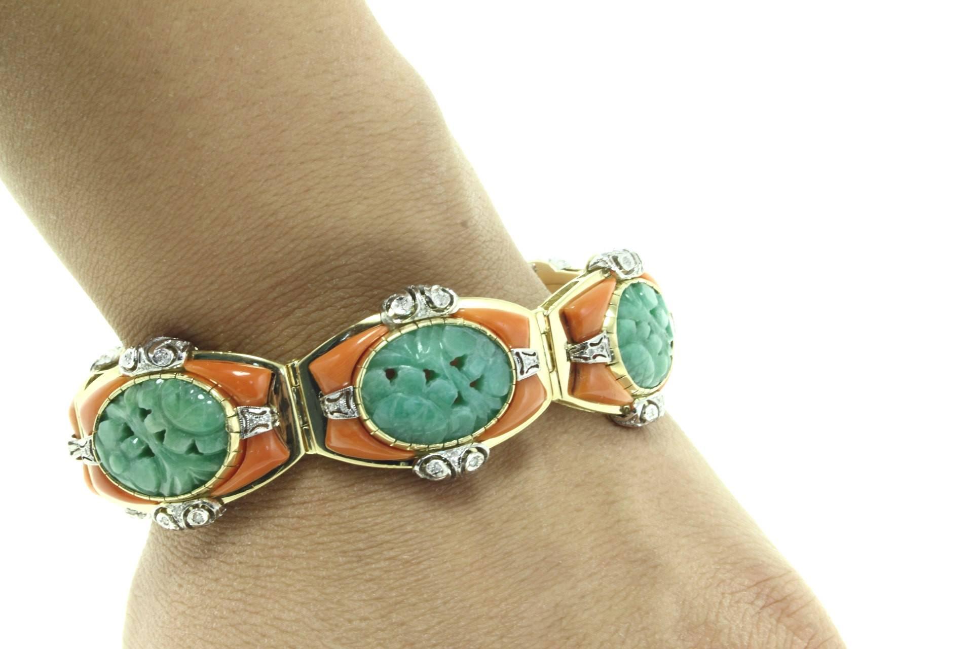 Women's or Men's Luise Gold Coral Jade Diamond Clamper Bracelet