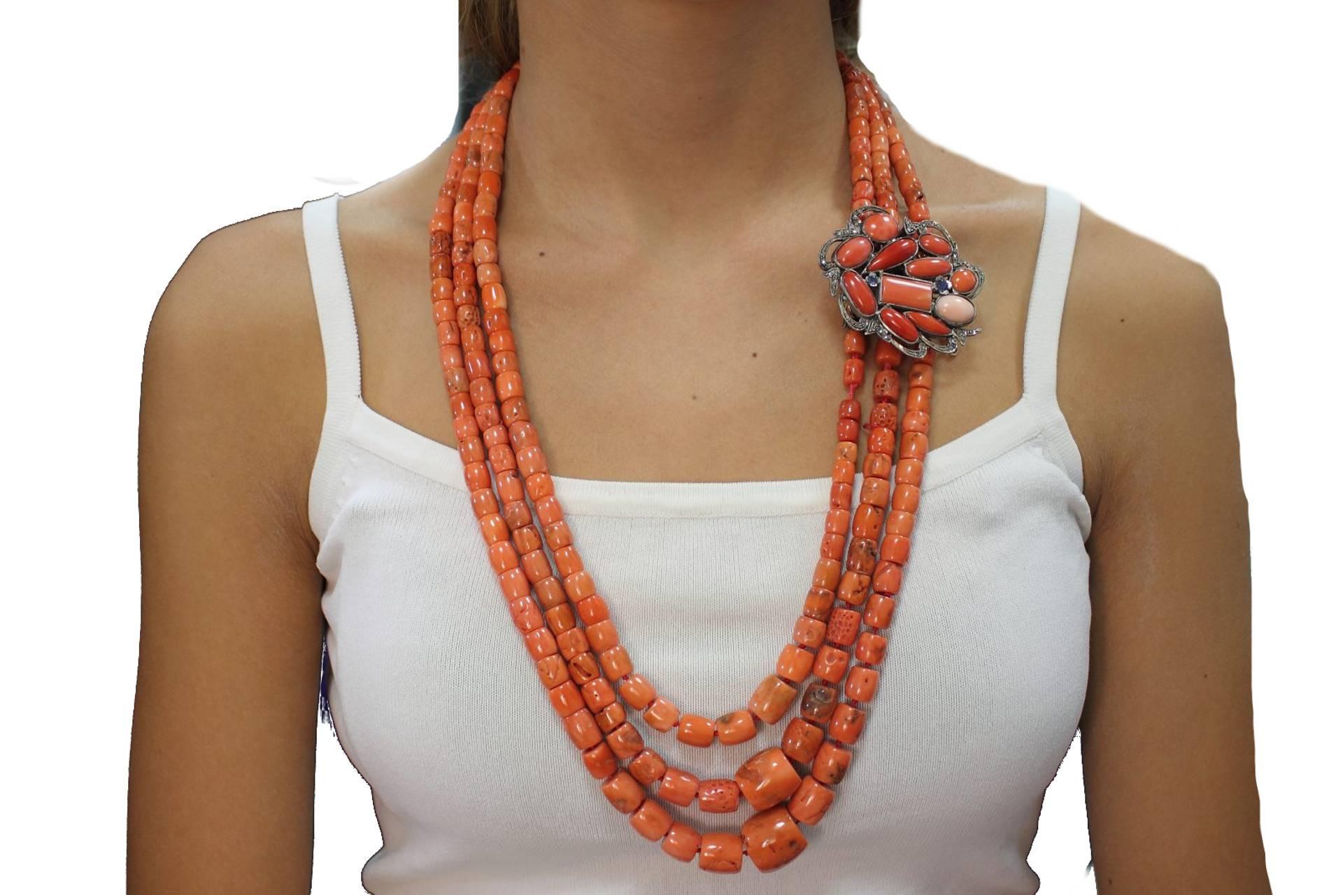 Gold Silver Diamond Sapphire Coral Necklace In Good Condition In Marcianise, Marcianise (CE)