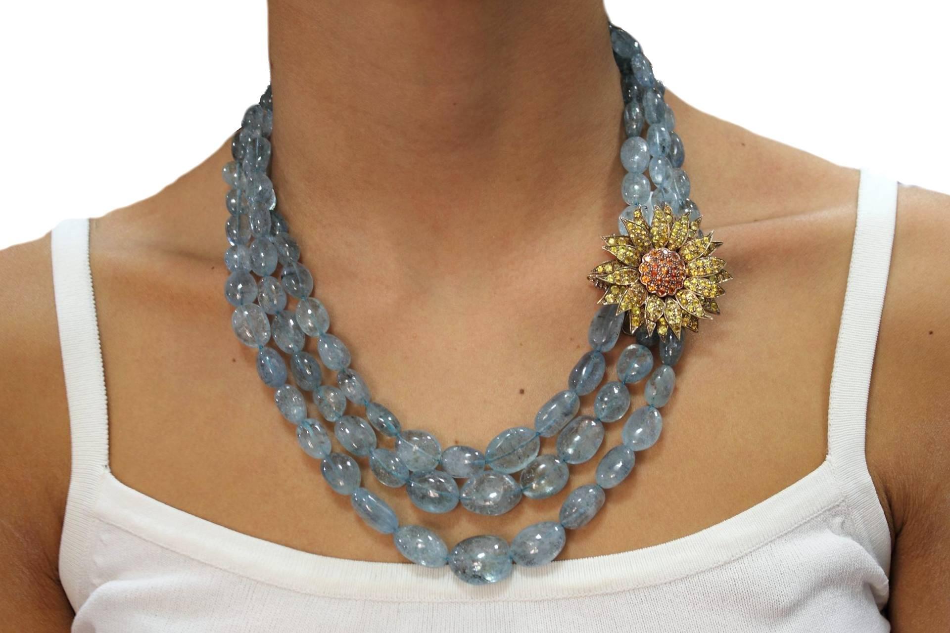 Gold Silver Sapphire Aquamarine Necklace In Good Condition In Marcianise, Marcianise (CE)