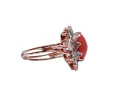 Coral, Diamonds, Rose Gold and Silver Ring.