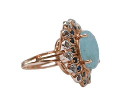 Aquamarine, Sapphires, Diamonds, Rose Gold and Silver Ring.