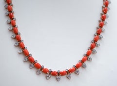 Coral, Diamonds, Rose Gold and Silver Necklace