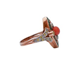 Coral, Emeralds, Fancy Diamonds, Rose Gold and Silver Ring.