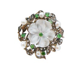 Rock Crystal, Tsavorite, Diamonds, Pearls, Rose Gold and Silver Earrings.