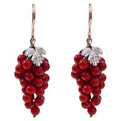 Bamboo Coral, Diamonds, Rose Gold and Silver Bunch Earrings.