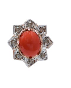 Coral, Diamonds, Rose Gold and Silver Earrings.