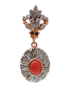 Coral, Sapphires, Diamonds, Rose Gold and Silver Earrings.