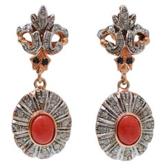 Coral, Sapphires, Diamonds, Rose Gold and Silver Earrings.