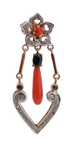 Coral, Sapphires, Diamonds, Rose Gold and Silver Earrings.