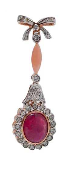 Coral, Rubies, Diamonds, Rose Gold and Silver Earrings.