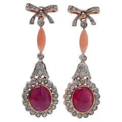 Coral, Rubies, Diamonds, Rose Gold and Silver Earrings.