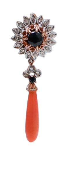 Coral, Sapphires, Diamonds, Rose Gold and Silver Earrings.