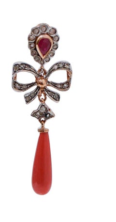 Coral, Rubies, Diamonds, Rose Gold and Silver Earrings.