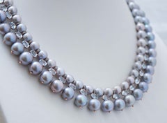 Grey Pearls, Diamonds, Aquamarine Colour Topaz, Rose Gold and Silver Necklace.