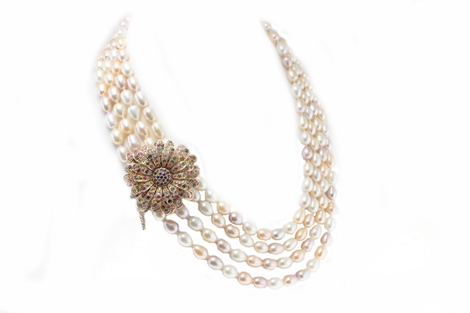 Fascinating 4 strands beaded necklace with a clasp composed of tourmalines and iolite encrusted on a base in 9 K rose gold and silver
Tot weight 262.9 g
Tourmaline and iolite21.28 ct
Pearls 216.50 g
Rf. ucce


For any inquiries,please contact the