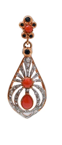 Coral, Sapphires, Diamonds, Rose Gold and Silver Earrings.