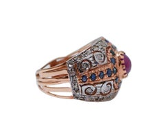 Ruby, Sapphires, Diamonds, Rose Gold and Silver Ring.