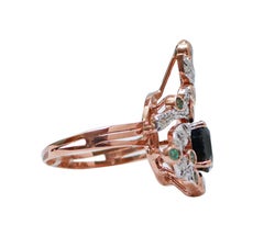 Sapphire, Emeralds, Diamonds, Rose Gold and Silver Ring.