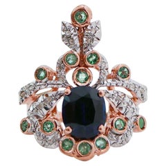 Sapphire, Emeralds, Diamonds, Rose Gold and Silver Ring.