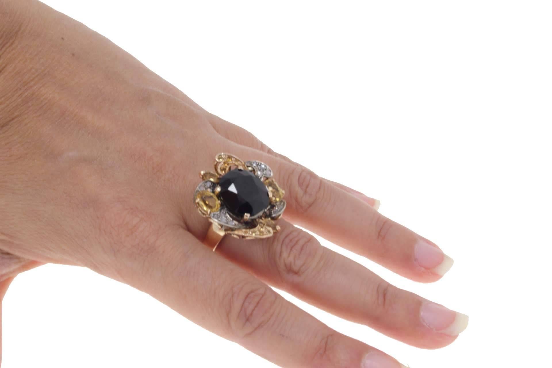 Retro Diamond, Australian Blue Sapphire, Yellow Sapphires Rose Gold and Silver Ring For Sale