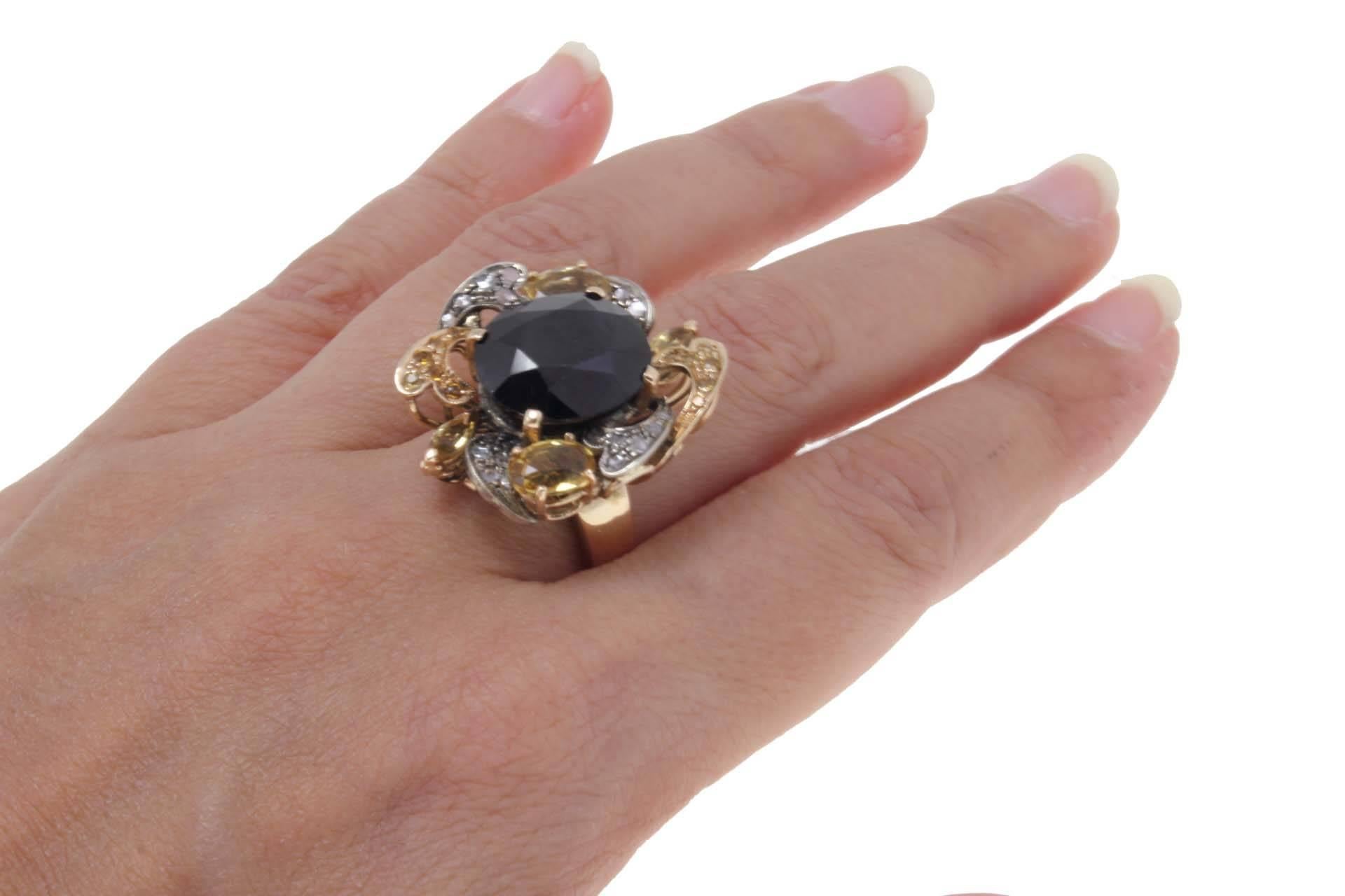 Mixed Cut Diamond, Australian Blue Sapphire, Yellow Sapphires Rose Gold and Silver Ring For Sale