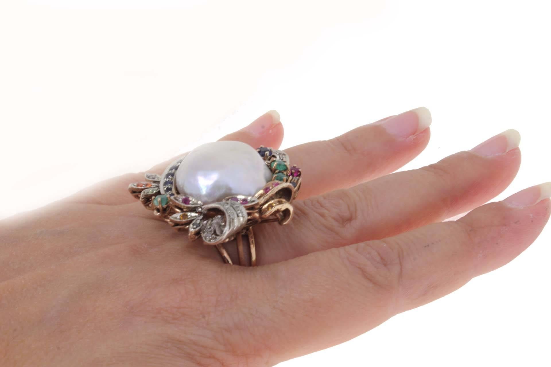 Retro Sapphire Pearl Diamond gold and silver Ring