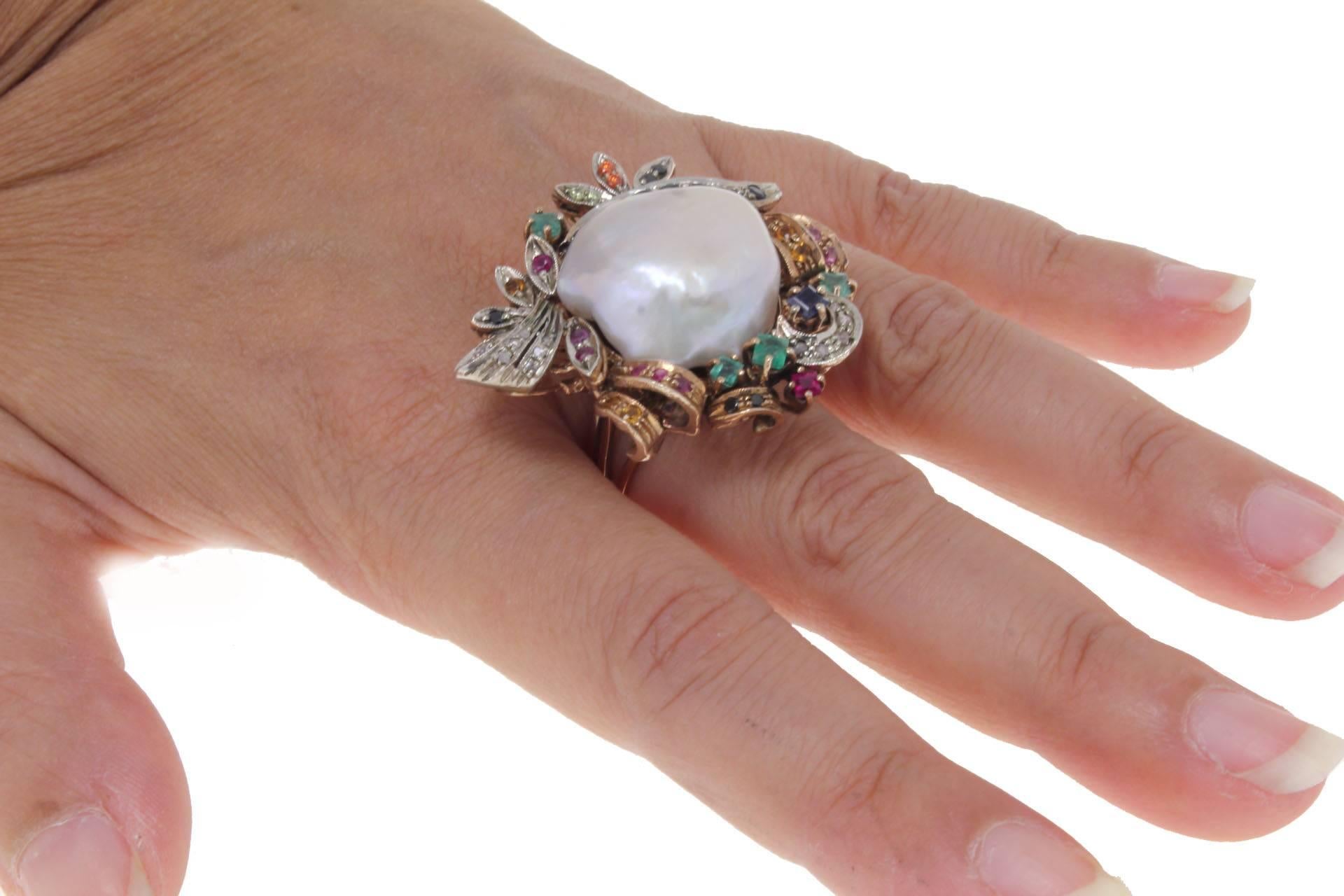 Sapphire Pearl Diamond gold and silver Ring In Good Condition In Marcianise, Marcianise (CE)