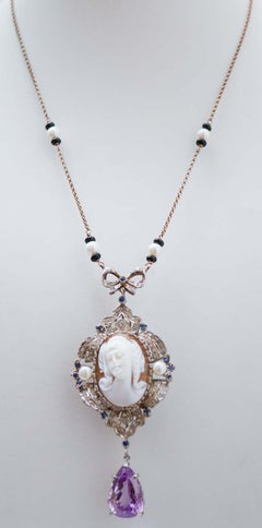 Cameo, Diamonds, Sapphires, Amethyst, Onyx, Pearls, 14KtGold and Silver Necklace