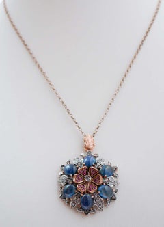 Sapphires, Rubies, Diamonds, Rose Gold and Silver Pendant.
