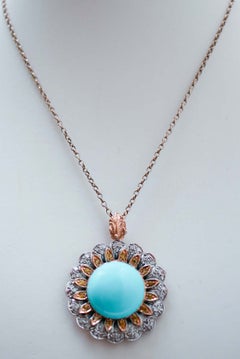 Pendentif en turquoise, topaze, diamants, or rose 14 carats et argent.