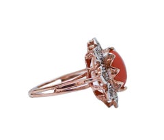 Coral, Diamonds, Rose Gold and Silver Ring.