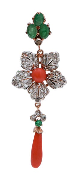 Coral, Emeralds, Diamonds, Rose Gold and Silver Earrings.