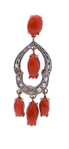 Coral, Diamonds, Rose Gold and Silver Earrings.