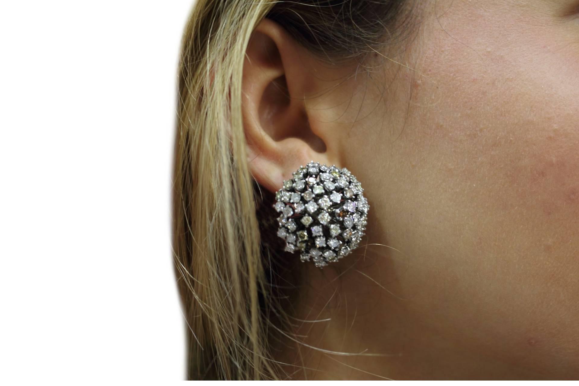 Round Cut Fancy Colored and White Diamonds, White Gold Stud Earrings