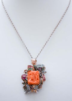 Coral, Emeralds, Rubies, Sapphires, Diamonds, Rose Gold and Silver Pendant.