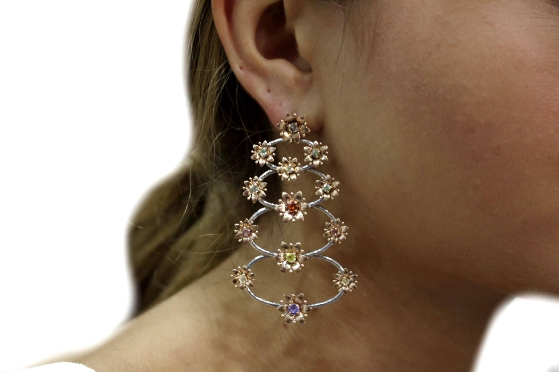 Gold Sapphire Diamond Chandelier Earrings In Good Condition In Marcianise, Marcianise (CE)