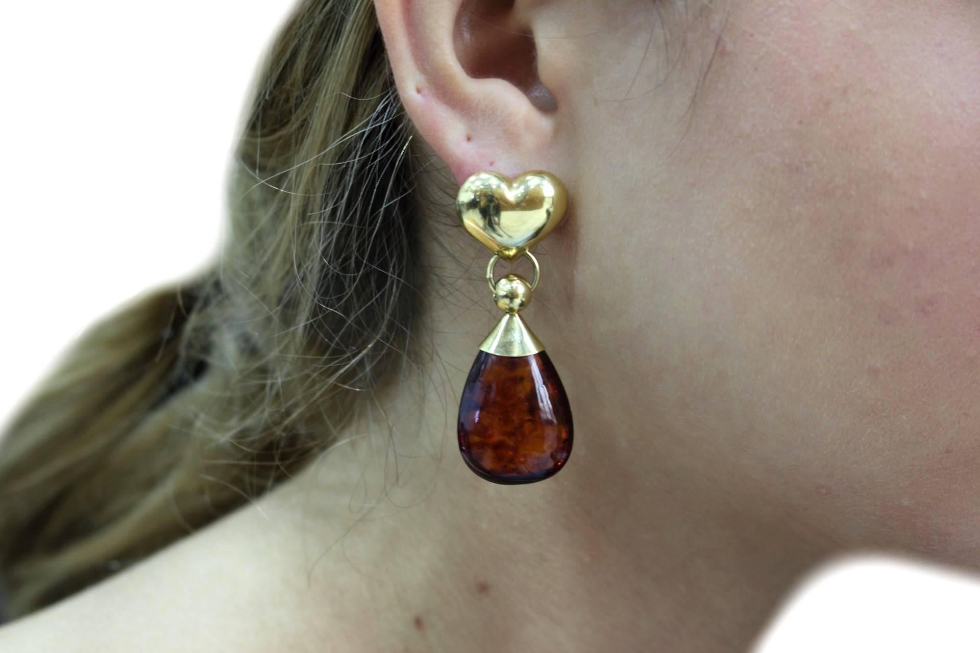 Pear Cut 6.20 g Amber Drops 18K Yellow Gold Heart Shape Drop Earrings