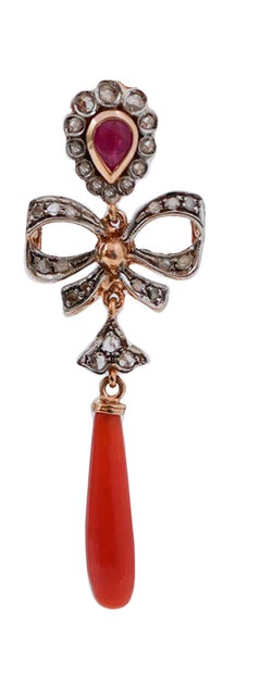 Coral, Rubies, Diamonds, Rose Gold and Silver Earrings.