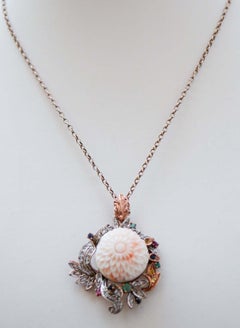 Coral, Emeralds, Diamonds, Rubies, Sapphires, Rose Gold and Silver Pendant.
