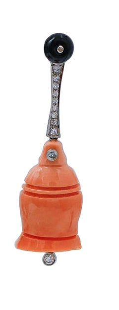 Coral, Black Agate, Diamonds, Platinum Earrings.